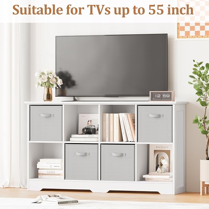 8 Cube Storage Organizer Shelf, Wood Cubby Storage with 4 Fabric Drawers | 2 Tier Wooden Bookshelf with 2 Adjustable Shelves, Fluted Side Panels Bookcase for Bedroom, Living Room, Home Office, White