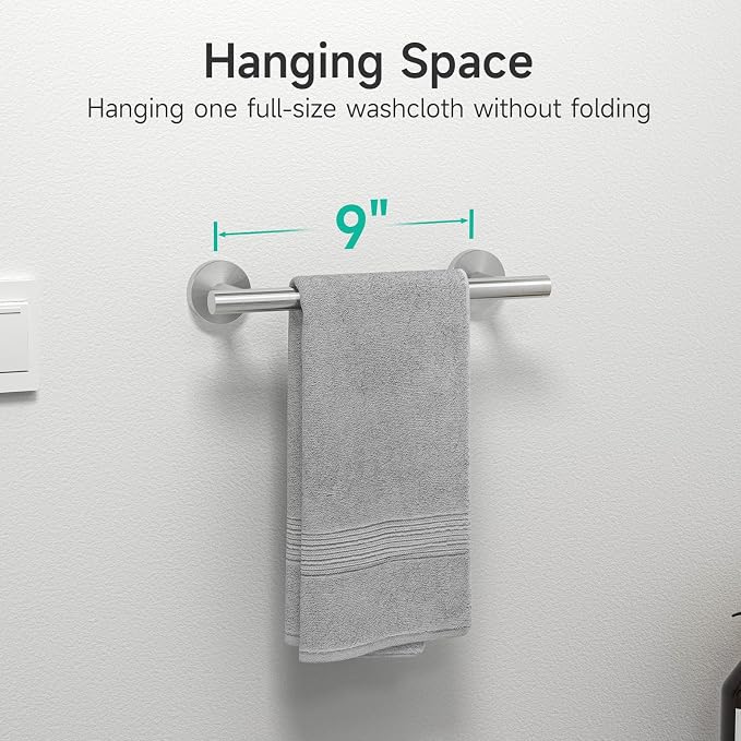 USHOWER Brushed Nickel Hand Towel Bar, 9-Inch Towel Racks for Bathroom | Thicken SUS304 Stainless Steel Towel Rod, Towel Holder Wall-Mounted, Modern Home Decor (Total Length 11-Inch)