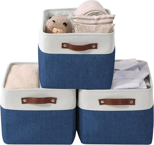 DECOMOMO Storage Bins, Large Fabric Storage Baskets for Shelves 3 Pack | 15 x 11 x 9.5 inches Decorative Linen Closet Organizers (Navy Blue & White)