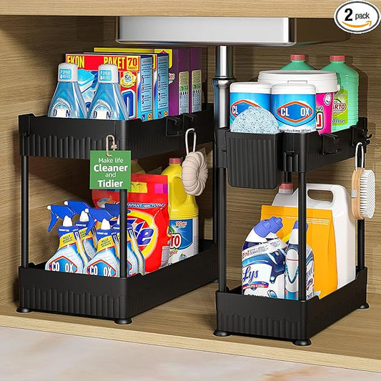 Sevenblue 2 Pack Under Sink Organizer, Under Bathroom Cabinet Organizer with Hooks Hanging Cup, Multi-Purpose Storage Shelf for Kitchen Bathroom, Black | Multi-use kitchen & bathroom storage, 12.8 inch black cabinet organizer, with hooks and hanging cu...