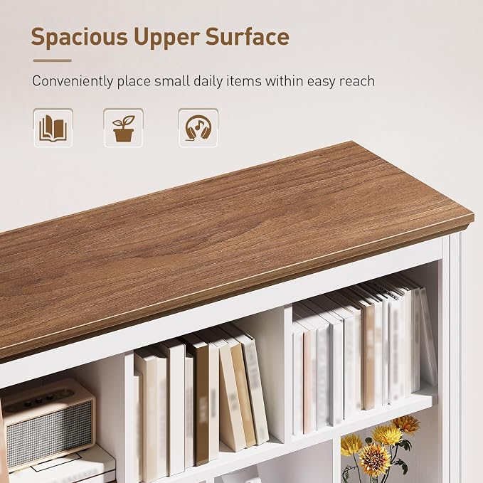 10 Cube Bookshelf Set of 2, Wooden Cubby Storage Organizer, Farmhouse Short Bookcase, Cube Shelf Bookcase with 3 Drawers, 3 Tiers Floorstanding Open Bookshelf, White and Walnut