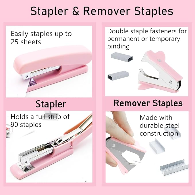 Pink Office Supplies, Pink Desk Accessories, Stapler, Staple Remover, Tape Holder, Pen Holder, Ballpoint Pen, Scissor, Binder Clips, 1000pcs Staples, Phone Holder, Ruler, Transparent Glue and Notes