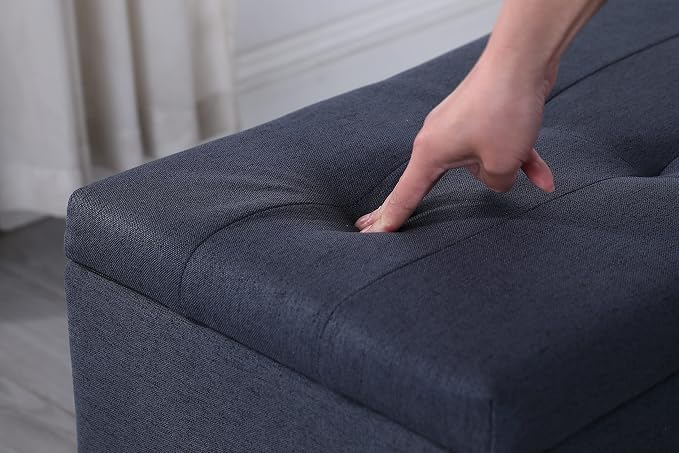 Set of 3 Hinged Storage Ottoman, 38'' Ottoman Bench with Storage and Thick Seating, End of Bed Bedroom Bench Window Bench with 2pcs Small Foot Rest (Blue - Fabric)