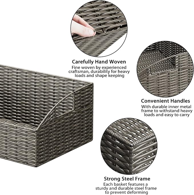 Pantry Baskets Organization, Wicker Storage Bin Shelf Grey | Handwoven Pantry Organizers and Storage with Built-in Handles, Laundryroom Organization Storage Bins for Snack Cans