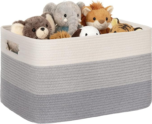 86L Large Woven Laundry Basket Hamper with Handles, Gradient Grey | collapsible wicker hamper, storage for dirty clothes, toys, blankets, gifts, living room, bedroom, bathroom, 24"x16"x14"