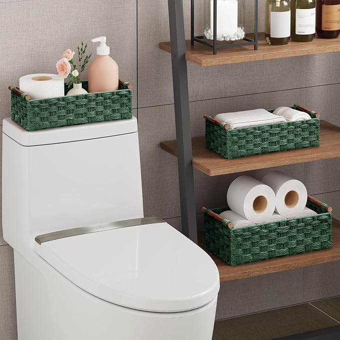 Vagusicc Wicker Storage Basket, Set of 2 Hand-Woven Paper Rope Wicker Basket for Organizing with Handle Decorative Storage Bins for Counter Pantry Shelves Toilet Paper Basket for Toilet Tank Top,Green