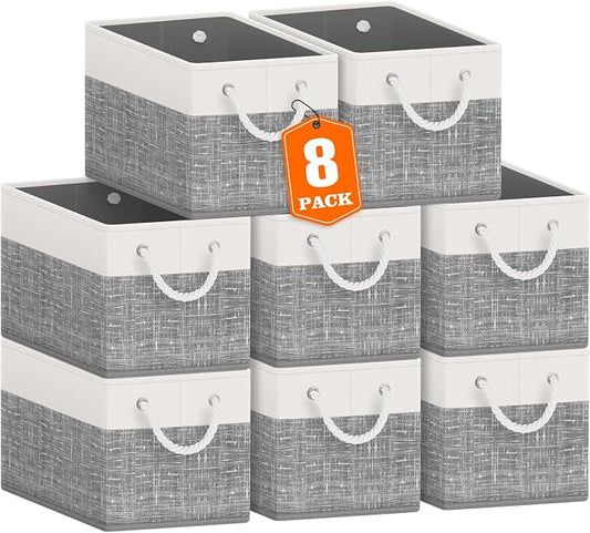 Fab totes Storage Bins 8-Pack, Foldable Storage Baskets for Organizing Toys, Books, Shelves, Closet, Large Storage Box with Rope Handles, Sturdy Organizer Bins, White & Grey