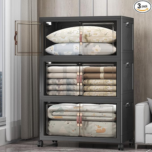 UAMFURI Stackable Storage Bins, 525QT Collapsible Drawers with 1 Lid | Large Capacity, Magnetic Door, Stack Lock, Rolling Wheels, Foldable Design, Organizers and Storage for Bedroom Dorm Garage