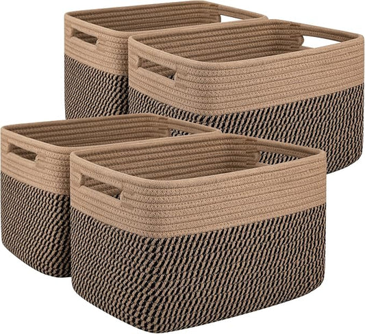 OIAHOMY 4 Pack Storage Basket, 13"x9"x7.8" Cotton Rope Baskets for Shelves, Closet Organizer for Bedroom & Living Room, Soft Decorative Bins for Organizing Towels, Books & Toys, Brown & Black