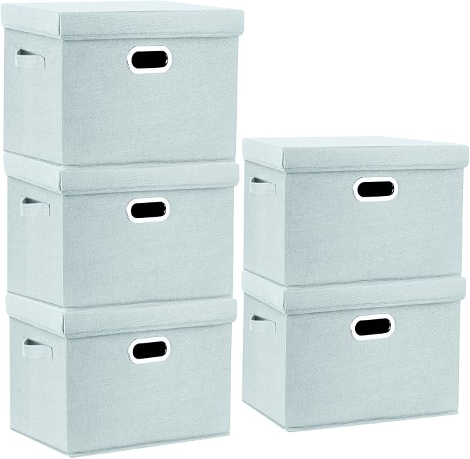 Large Storage Bins with Lids, Collapsible, Washable, Fabric Storage Boxes for Organizing, 17.3x11.8x11.4 inches, 5 Pack, Aqua Spring