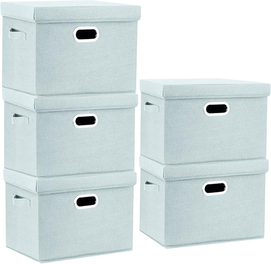 Large Storage Bins with Lids, Collapsible, Washable, Fabric Storage Boxes for Organizing, 17.3x11.8x11.4 inches, 5 Pack, Aqua Spring