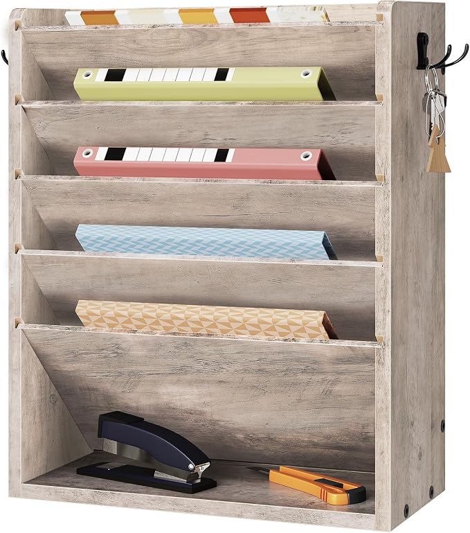 CHOEZON Wall File Organizer, 6-Tier Vertical Mount Hanging Holder with 2 Side Hooks, Modern Wooden Magazine Storage Holder with Bottom Tray, Desk Organizer, for Office, Home, Greige MWJ01FH