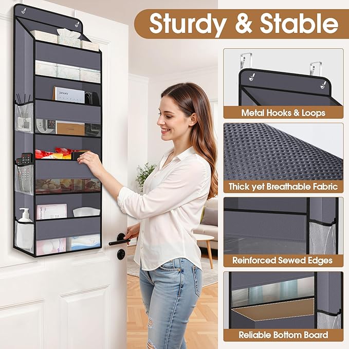 Over The Door Organizer Storage behind Door Hanging Organizer for Nursery | 4 Tier, 6 Side Pockets, Clear Window, Sturdy Construction, Space-Saving Storage for Closet, Bedroom, Bathroom & Nursery