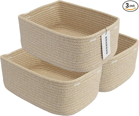 XUANGUO Small Woven Storage Baskets for Shelves, 13" x 9" x 5", Oatmeal | Decorative rope storage bins for closets and toy storage; cute organizer baskets, empty gift baskets and nursery storage.