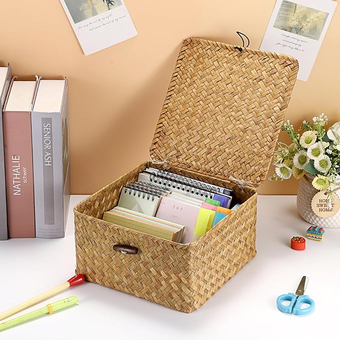 Hipiwe Handwoven Wicker Shelf Basket Bin with Lid Decorative Baskets Box | Multipurpose Seagrass Baskets Organizer, Square Household Storage Basket for Shelf Living Room Bathroom, Small Caramel