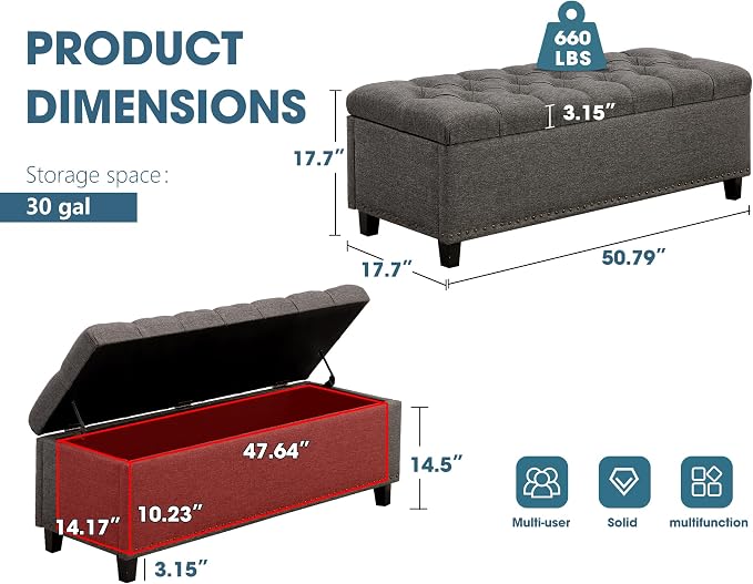 Grepatio 51" Ottoman Storage Benches, 30 Gallons End of Bed Storage Bench, Large Rectangular Ottoman, Button-Tufted Ottoman with Storage for Living Room Bedroom, Foot of Bed (Gray)