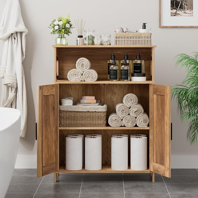 Homhedy Farmhouse Bathroom Storage Cabinet with Doors, Small Floor Cabinet | Toilet Paper Cabinet with Adjustable Shelf, Freestanding Storage Cabinet for Kitchen/Laundry/Living Room, 24"W, Rustic Walnut