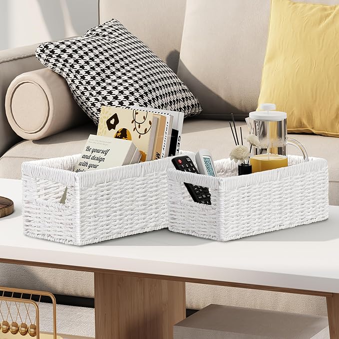 Wicker Storage Basket, Set of 2 Hand-Woven Paper Rope Wicker Baskets for Organizing Decor Storage Bins for Counter Shelves Pantry Basket Small Toilet Paper Basket for Toilet Tank Top, White