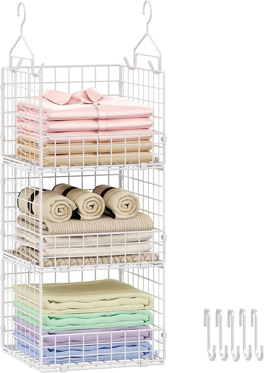 Sonyabecca 3-Tier Hanging Closet Organizer with 5 S Hooks, Closet Shelves for Clothes, Shoes, Handbags, Accessories, Hanging Basket, Closet Storage, Closet System, Closet Organizers and Storage
