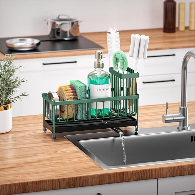 Cisily Sponge Holder for Kitchen Sink, Sink Caddy Organizer with High Brush Holder, Kitchen Countertop Organizers and Storage Essentials, Rustproof 304 Stainless Steel (Dark Green, 9.25″)