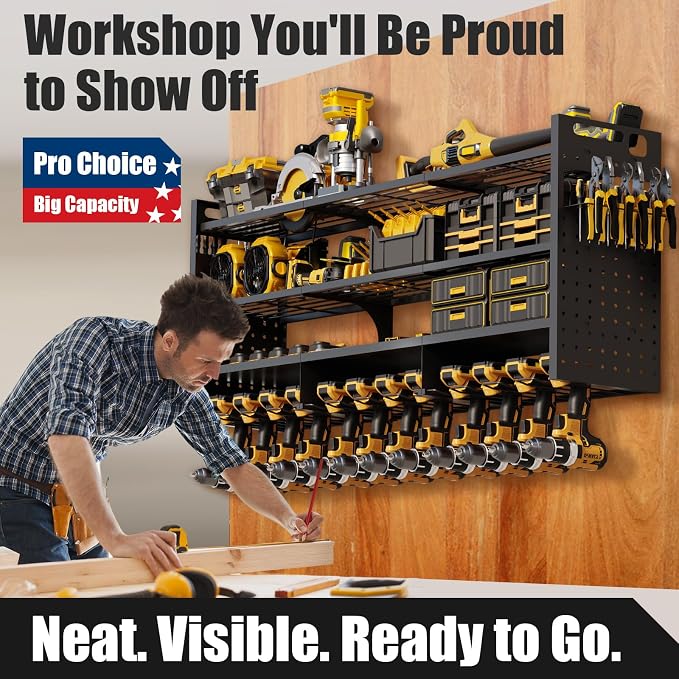 Large 49''W Power Tool Organizer Wall Mount | 620lbs Garage Storage Rack with 12 Cordless Drill Holder | 4-Tier Heavy Duty Utility Shelf for Battery Workshop Organization