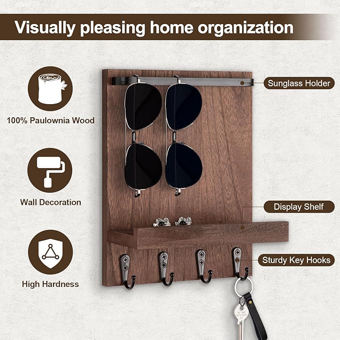 Key Holder Wall Mount, Key Holder for Wall with 4 Hooks, Farmhouse Key Hanger Holds Dog Leash, Sunglasses, Decorative Mail Organizer Home Decor (Brown)