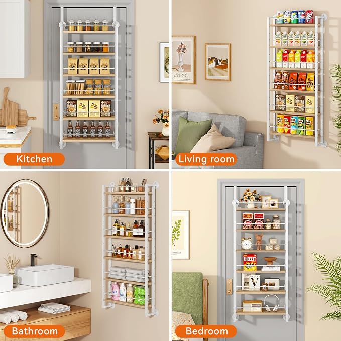 IBUYKE Over the Door Spice Organizer,Door or Wall Mount,Natural TLJ028R | 6 Tier Wall Mounted Spice Rack Adjustable Hanging Storage Shelves Spice Organization for Kitchen cabinet Bathroom Closet