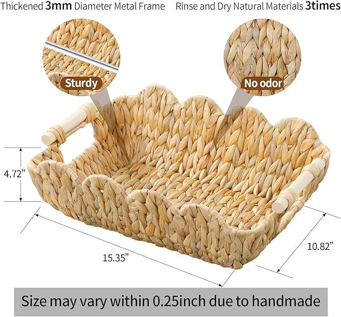Coeusy Gift Basket, Cute Wicker Basket for Gifts, Scalloped Woven Water Hyacinth Storage Basket with Wooden Handles for Snack, Display, Shelves, 2 Pack