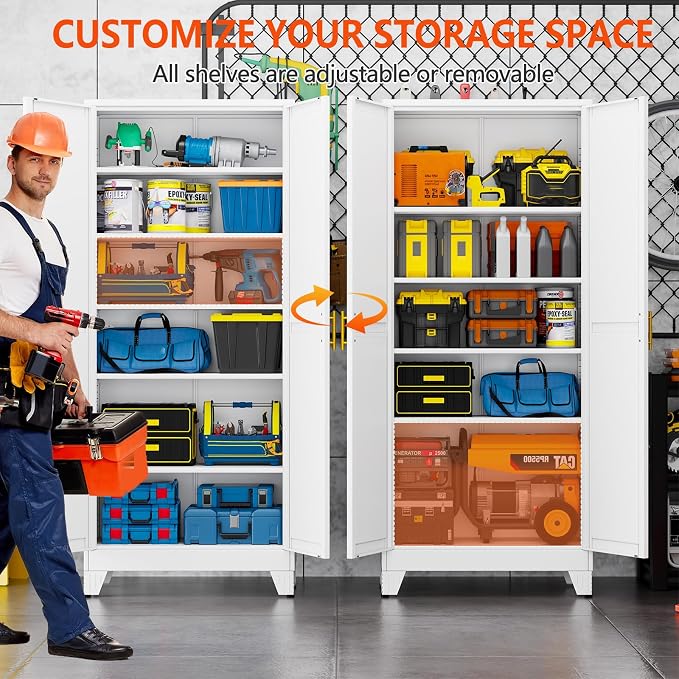 GAIOUS 75''Tall Metal Garage Storage Cabinet,File Cabinet with Door and Adjustable Shelves, Outdoor Steel Tool Cabinet for Home,Office,Warehouse,Garage,White