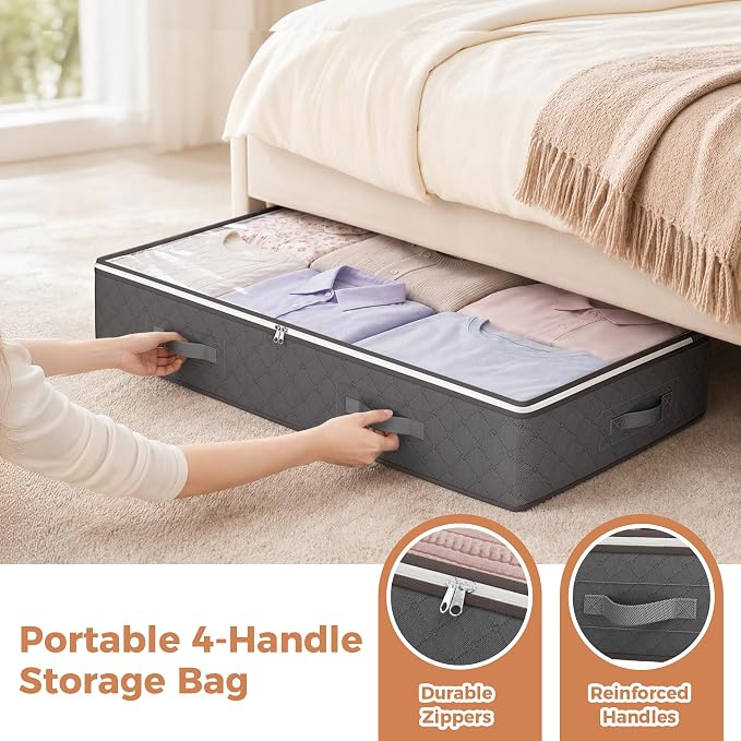 Budding Joy 90L Under Bed Storage Containers, 4 Pack Closet Organizers Grey | Foldable underbed storage bins for linen sheets, blanket, clothing, comforter, sweaters, pillows, wrapping paper