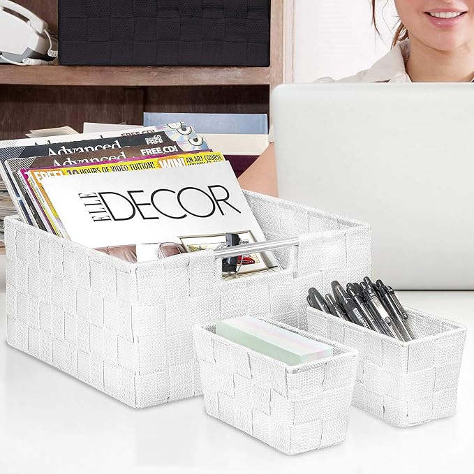 Sorbus Storage Baskets for Organizing (Set of 7), Mesh Hand-Woven Design, Linen Closet Organizers and Storage, Organizer Storage Baskets for Shelves, Variety Pack Organizers and Storage (White)