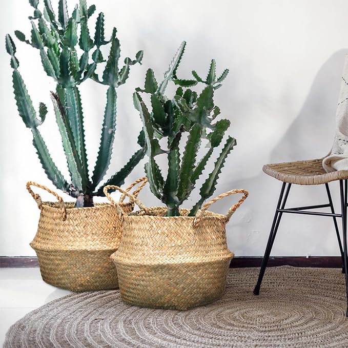 Qunclay 8 Pcs Woven Seagrass Baskets Belly Basket Folding Boho Natural Plant Pot with Handles Round Decorative Wicker Large Indoor Planter for Home Outdoor Tree Planters Decor (9 x 11 Inch)