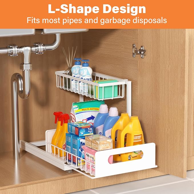 Under Sink Organizer 2 Tier, Pull Out Drawer Slides Under Sink Storage for Bathroom Kitchen,Multi-Purpose Drawer Under Cabinet Organizer for Cleaning Supplies (White, 1 Pack)