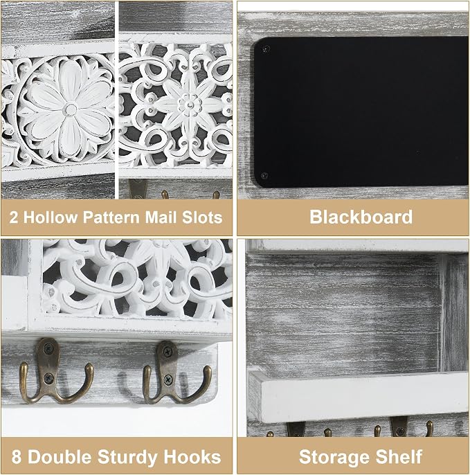 Mail Organizer Wall Mounted | 2 Slots Key Holder for Wall with 8 Hooks, Rustic Wood Key Rack with Shelf for Entryway Hallwall Farmhouse