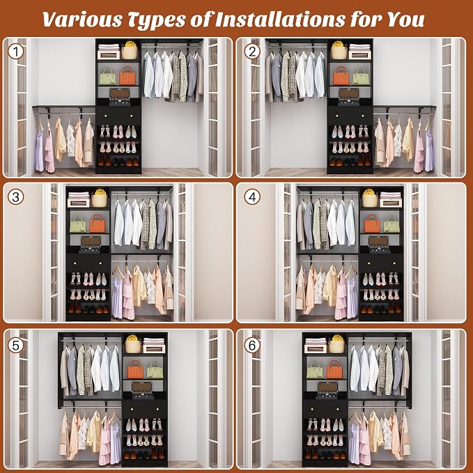 [10 FT Closet System] 120 Inch Reversible Set of 2 Wood Closet Organizer System with 2 Drawers, 4 Hanging Rods Adjustable Shelf, Walk In Closet Organizers with Shoe Rack, Garment Rack, Black