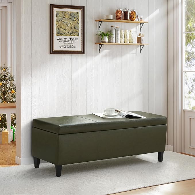 Storage Ottoman Bench 50.3" Faux Leather Upholstered End of Bed Bench,Green | Hidden Storage Accent Ottoman for Living Room, Bedroom, Entryway, Safety Hinges, Load up to 300lb