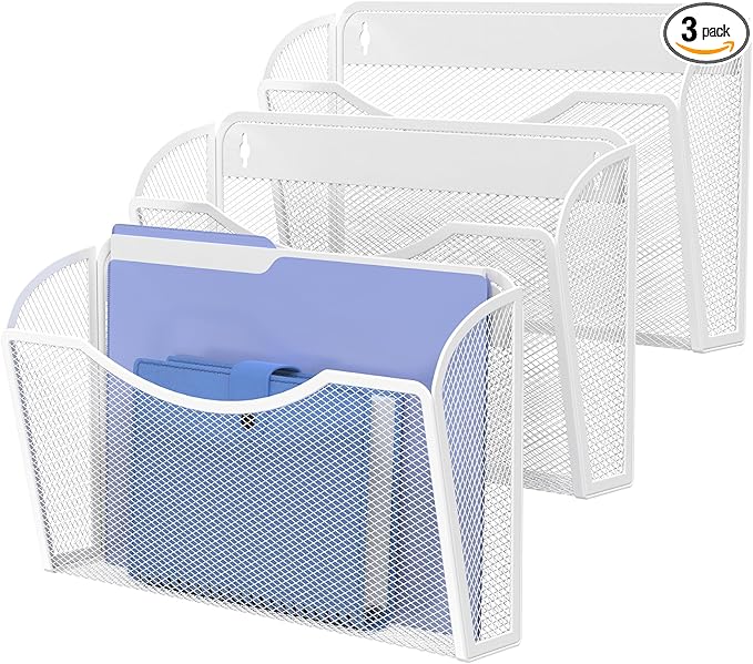 MINDEPOT Wall File Organizer, Hanging Wall File Holder, 3 Pack, Black | Heavy Duty Iron, Metal Mesh Wall Mount, Single Pocket, Mail Organizer, for Office School Classroom Home, Letter A4 Size