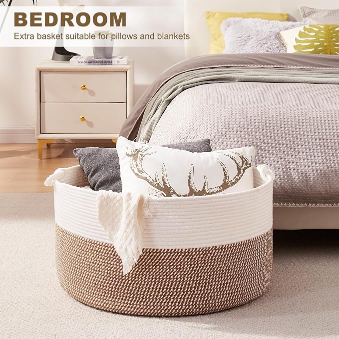 OIASKET Large Blanket Storage Basket for Living Room, 22.8" x 22.8" x 13" Woven Cotton Rope Basket with Handles, Baby Toy Storage, Laundry Hamper for Clothes, Pillows, Towels-Yellow and White