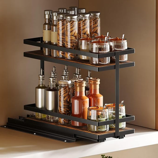 Pull Out Spice Rack 2-Tier Metal & Wood Seasoning Organizer | No-Drill Install | Full-Extension Silent Glide | Each Tier Holds 10–12 Standard Spice Bottles | Rustproof, Wipe-Clean Surface
