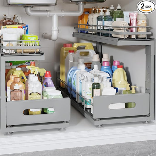 Under Sink Organizer Upgrade To Professional Rails,2-Tier Dual Pull Out Cabinet Storage,Height Adjustable Slide Out Drawers For Bathroom Kitchen,2 Pack-21"Dx12.8"-16.9"H,Gun Gray