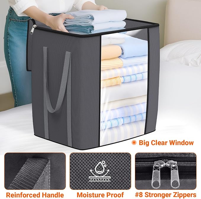 TasticTotes 120L Extra Large Blanket Clothes Storage Bags, Black, 2 Pack | Foldable Blanket Storage and Organization, Thick Fabric Containers with Reinforced Handles & Zippers for Comforters, Bedding