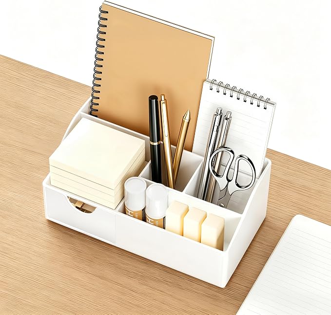 HBlife Acrylic Desk Organizer with Drawer, Pen & Pencil Holder, Multifunctional Desktop Caddy for Office Supply and Organization (White)
