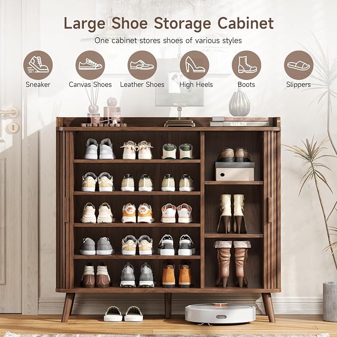 Shoe Cabinet with Sliding Door, 5-Tier Hidden Shoe Rack with Adjustable Shelves, Wooden Shoe Storage Organizer with Open Bottom Space, Freestanding Shoe Shelf for Entryway (Walnut)