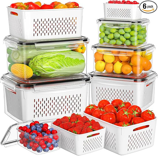 HOMETALL 6 PCS Fruit Storage Containers for Fridge with 6 Removable Colanders, BPA Free Produce Containers for refrigerator, Dishwasher & Microwave Safe Food Containers Keep Fruit, Salad, Berry, Fresh