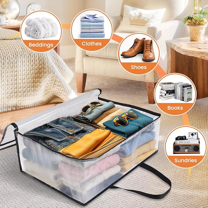 TasticTotes 8 Pack Clear Storage Bags for Comforter, Clothes & Bedding, 90L | Plastic Blanket Storage with Zipper & Handle, Foldable Moving Bags, Closet Organizer and Under-Bed Storage Containers
