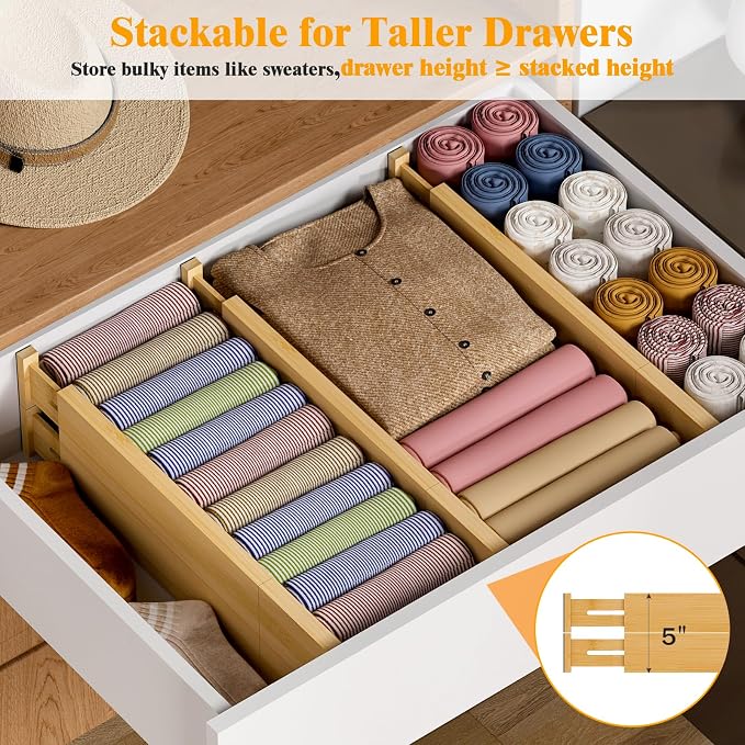 Bamboo Drawer Dividers, 12-21 Inch Kitchen Adjustable Drawer Organizers | Expandable Dresser Separators for Clothes, Ideal for Kitchen, Bathroom, Vanity, Office Organization and Storage, 5-Pack