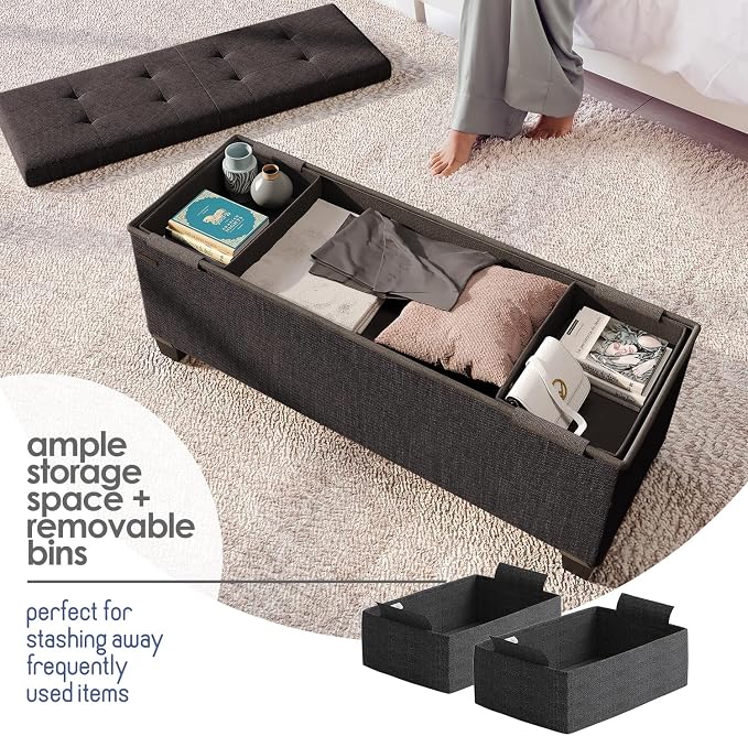 Storage Ottoman Bench with Bins, 43-in Storage Bench for Bedroom End of Bed, Folding Foot Rest Ottoman for Living Room Max 660lbs, Fabric Ottomans, Black