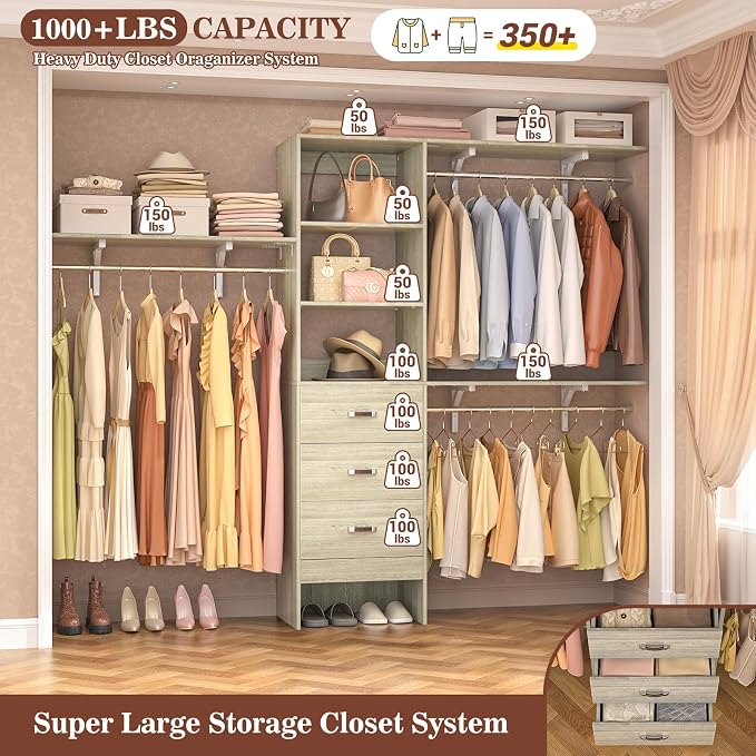 iSunirm 8FT Closet System, 96'' Closet Organizer System with 3 Hanging Rods, Wall Mount Bedroom Wardrobe with 3 Drawers Walk-in Closet, Adjustable Garment Rack from 5 to 8FT(Cut to Fit), White Oak