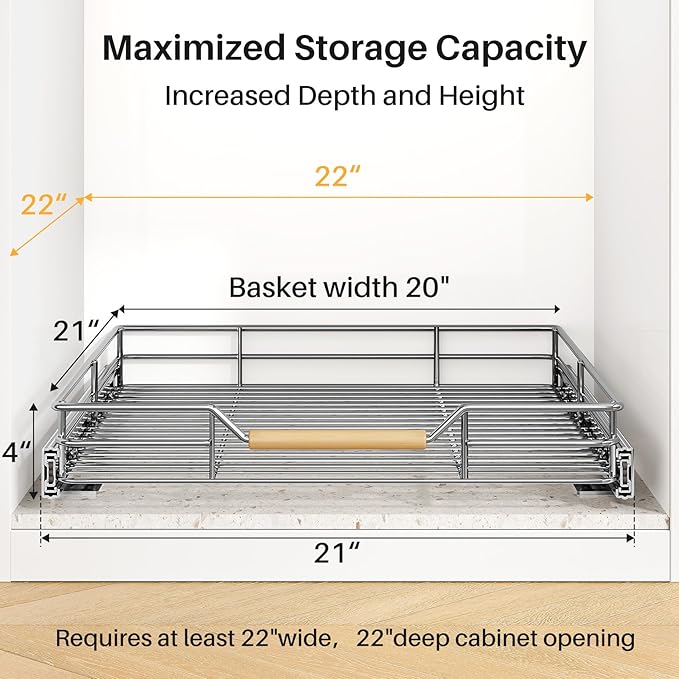 Pull out Cabinet Organizer, 21"W X 21"D, Heavy Duty Smooth Sliding Under Cabinet Shelves for Pots and Pans, Full-Extension Roll out Drawers, Slide out Organization for Home Kitchen Pantry