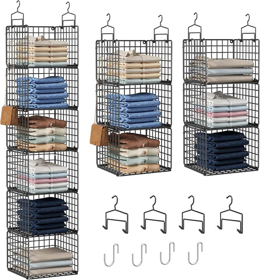 6 Tier Closet Hanging Organizer, Metal Closet Organizers and Storage with 4 Hanging Hooks 4 S-Hooks for Wardrobe Laundry Room, Wire Storage Shelf for Clothes Sweaters Pants (Black)